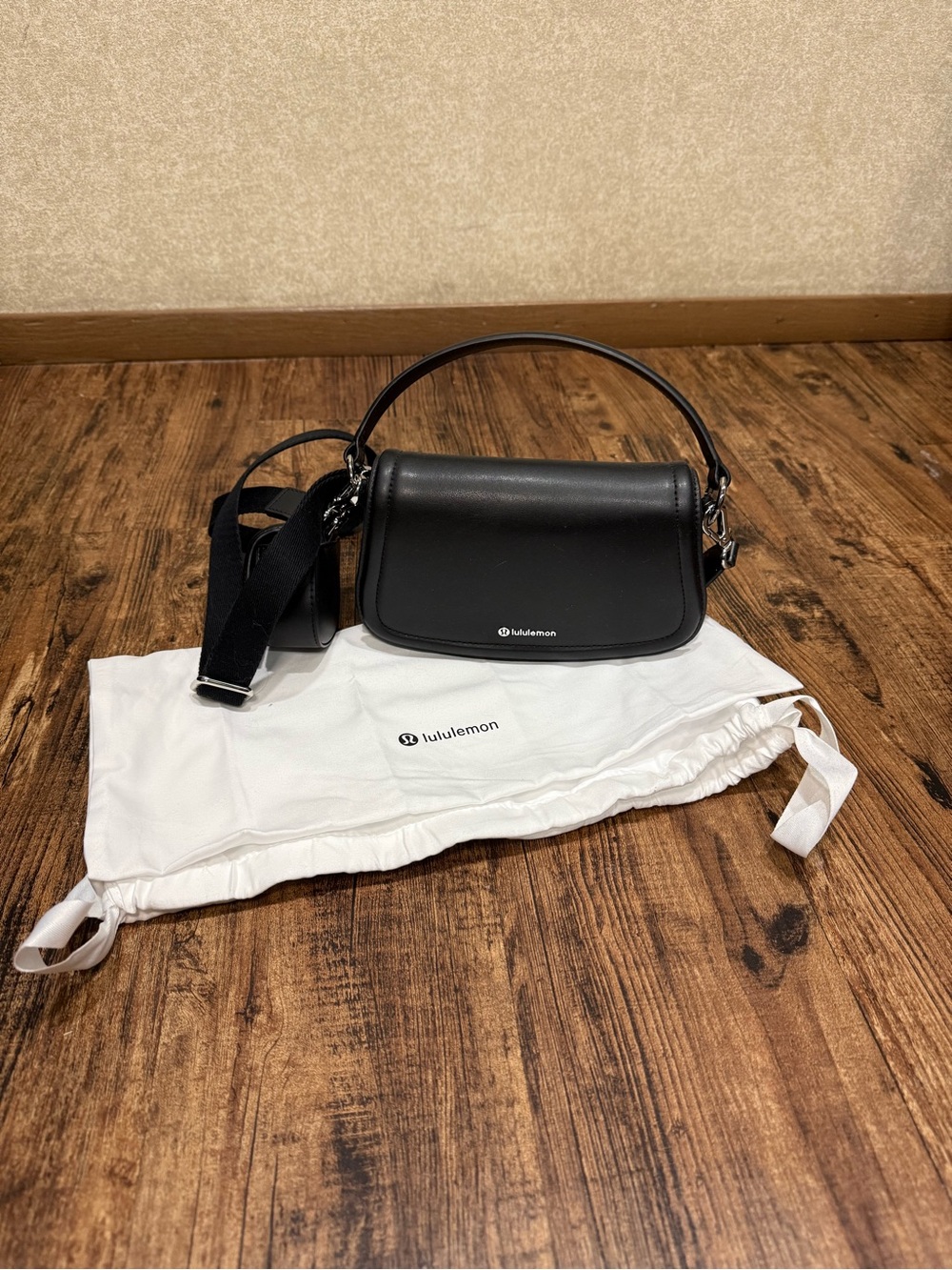 Lululemon Black Leather Shoulder Bag with Adjustable Strap